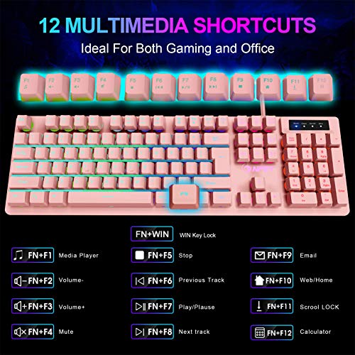 NPET K10 Gaming Keyboard, LED Backlit, Spill-Resistant Design, Multimedia Keys, Quiet Silent USB Membrane Keyboard for Desktop, Computer, PC (Pink)