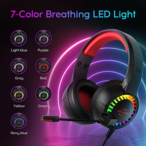 USB Gaming Headset for PC PS4 PS5, MELOGAGA 7.1 Surround Sound Headphones with RGB Breathing LED Lights& Noise Canceling Microphone, Over-Ear Game Headset for Playstation Console Laptops Computer