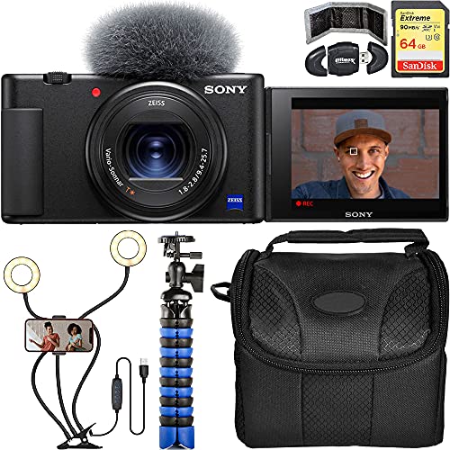 ZV-1 Digital Camera (Black) with Bluestone USB Dual Ring Light Deluxe Vlogging/Streaming Bundle. Includes: Wind Screen, SanDisk Extreme 64GB Card, 12” Gripster Tripod, & Much More.