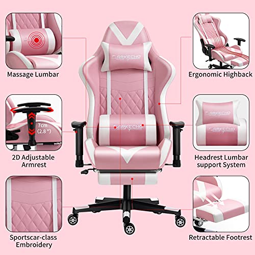 Darkecho Pink Gaming Chair with Footrest Massage Racing Office Computer Ergonomic Chair Leather Reclining Video Game Chair Adjustable Armrest High Back Gamer Chair with Headrest Lumbar Support Pink