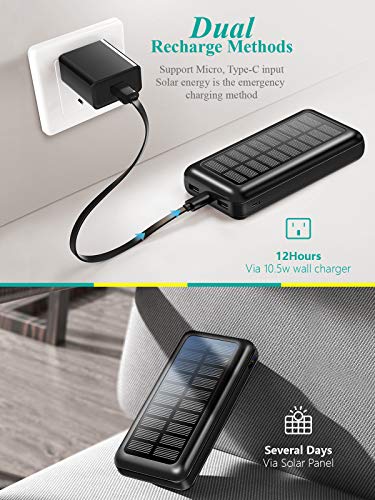 Portable Charger Power Bank 30000mAh - SOXONO Solar Charger, 2 USB Ports High-Speed Panel External Battery Pack for iPhone, Samsung Galaxy and More