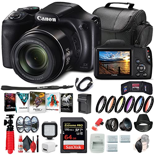 Canon PowerShot SX540 HS Digital Camera (1067C001), 64GB Card, 2 x NB-6L Battery, Color Filter Kit, Filter Kit, Corel Photo Software, Charger, Card Reader, LED Light + More