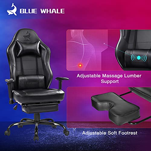 Blue Whale Massage Gaming Chair with Footrest, Racing PC Computer Office Chair Swivel Ergonomic Executive Leather Desk Chair and Adjustable Armrests