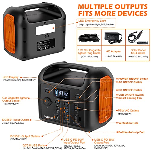 DLNRG R300 299Wh Portable Power Station, 300W Pure Sine Wave Solar Generator 93437mAh Backup LiFePO4 Battery 110V 2 AC Outlets,PD 60W USB-C in/out,Dual 12V/120W Ports outdoor generator for Camping,RV,CPAP Orange