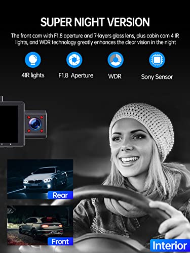 Cambase 3 Channel Dash Cam 1440P+1080P+1080P, Dash Cam Front and Inside 4K+1080P, Capacitor Three Way Car Camera,170° Wide Angle Camera with G- Sensor, Cabin IR Night Vision, Parking Mode