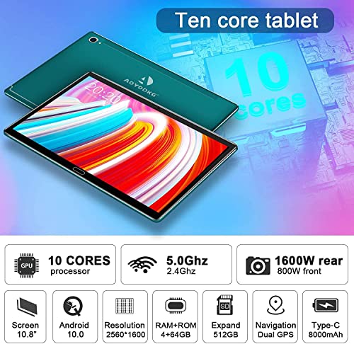 Tablet with Keyboard 10.8 Inch 2560X1600 (2K) Screen 10-Core 2.3Ghz CPU 5G-Dual WiFi, 4GB RAM+64GB ROM/512GB Expandable Android 10.0, (Green)