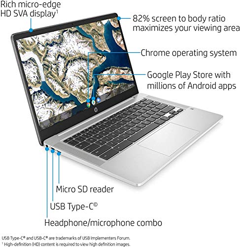 2021 Newest HP Chromebook 14" HD Laptop, Intel Celeron N4000(up to 2.6GHz), 4GB RAM, 32GB eMMC, Backlit-KB, Webcam, Fast Charge, Audio by B&O, WiFi, USB-A&C, Bluetooth, Chrome OS, w/GM Accessories