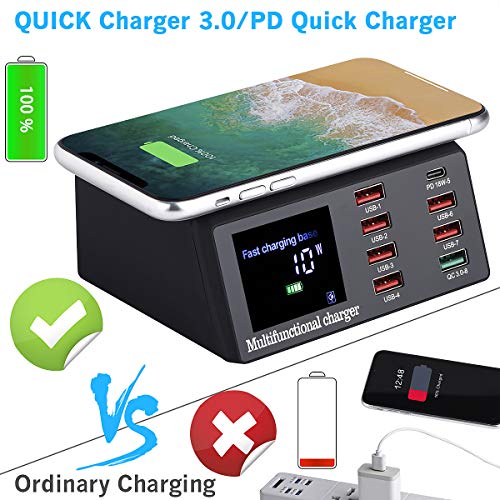 USB Charger, 100W 8-Port Desktop Charging Station Hub with Quick Charge QC 3.0 USB Port, with PD Fast Charger and LCD Display Wireless Charging Station