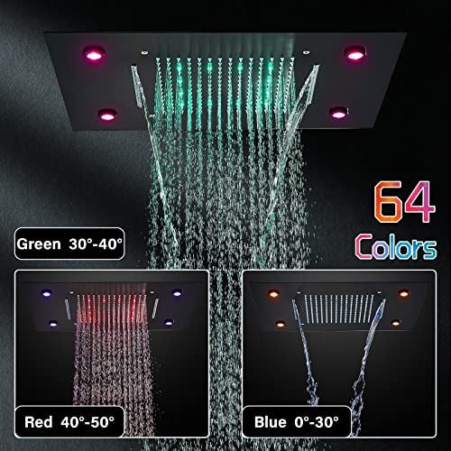 Matte Black 3 Functions Thermostatic Rain Shower Faucet Fixture Combo Set 14 X 20 Inch LED Waterfall Rainfall Shower Head with Hand Shower Rough-in Can Use All Options at A Time