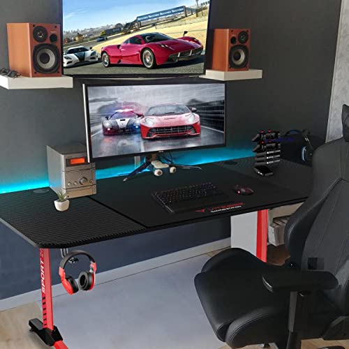 Vitesse Gaming Desk, Gaming Computer Desk, PC Gaming Table, T Shaped Racing Style Professional Gamer Game Station with Large Mouse pad, USB Gaming Handle Rack, Cup Holder and Headphone Hook (Red)