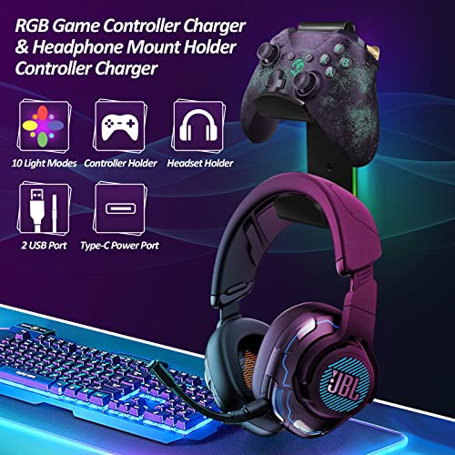 RGB Game Controller Charger & Headset Wall Mount Holder with 10 Lighting Modes & 2 USB Charger Ports, Gamepad & Headphone Hanger for Xbox, Xbox 360, PS3, PS4, PS5, Switch, Great for Gaming Stations, Fancy Desk Gamer Accessories