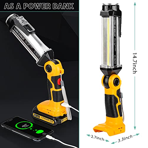 Cordless LED Work Light for Dewalt 20V Max Li-ion Battery, Hiesuan 35W 2000LM Outdoor Flashlight Portable Camping Lanterns with Hook, 90°Rotatable for Car Repairing, Job Site Lighting, Emergency