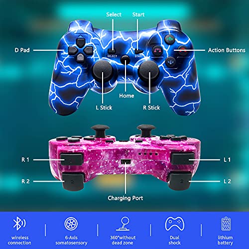 Bowei PS3 Controller Wireless 2 Pack Double Shock Gamepad for Playstation 3 Remotes, Six-Axis Wireless PS3 Controller with Charging Cable, Blue+ Purple