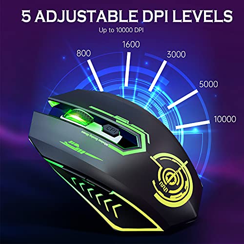 Wireless Gaming Mouse Up to 10000 DPI, UHURU Rechargeable USB Wireless Mouse with 6 Buttons 7 Changeable LED Color Ergonomic Programmable MMO RPG for PC Laptop, Compatible with Windows Mac