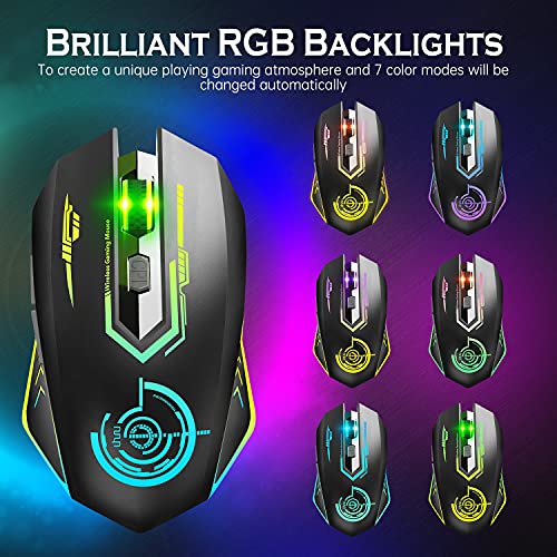 Wireless Gaming Mouse Up to 10000 DPI, UHURU Rechargeable USB Wireless Mouse with 6 Buttons 7 Changeable LED Color Ergonomic Programmable MMO RPG for PC Laptop, Compatible with Windows Mac