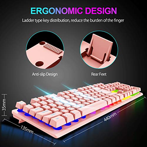 NPET K10 Gaming Keyboard, LED Backlit, Spill-Resistant Design, Multimedia Keys, Quiet Silent USB Membrane Keyboard for Desktop, Computer, PC (Pink)