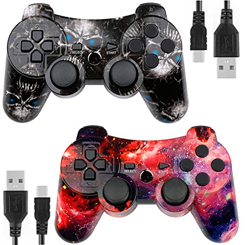 Kolopc Wireless Controller Compatible for PS3 Console, Double Vibration, 6-Axis Gyro Sensor, Upgraded Joystick Motion Gamepad with Charging Cable (Black Skull and Galaxy)