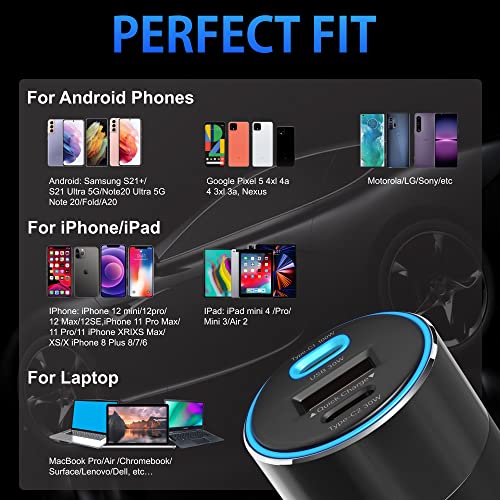 160W USB C Car Charger Emark Lightning Cable, DPH Type C Car Charger QC3.0 PD3.0, Metal 3 Port Super Fast Charging Car Adapter for iPhone 13/12/11 Pro Max, Samsung S22 S21 iPad MacBook Pro Air Laptop