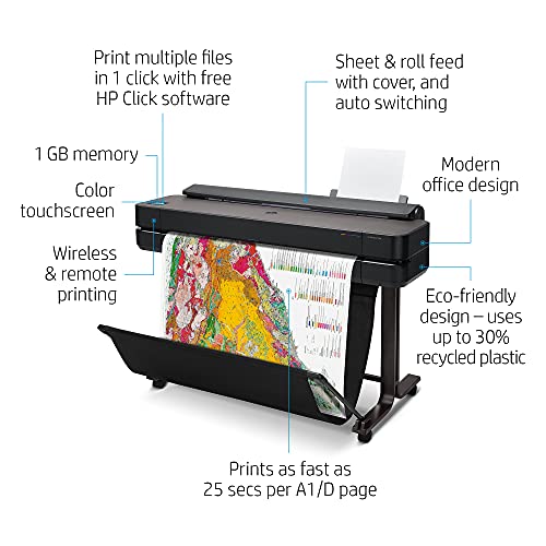 HP DesignJet T650 Large Format 36-inch Plotter Printer, Includes 2-Year Warranty Care Pack (5HB10H), Black