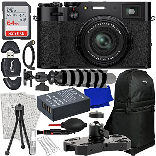 FUJIFILM X100V Digital Camera (Black) + SanDisk 64GB Ultra SDXC, Portable Mini Metal Camera Dolly, Spare Battery, Water-Resistant Sling Backpack, Mini “Gripster” Tripod & Much More (23pc Bundle)