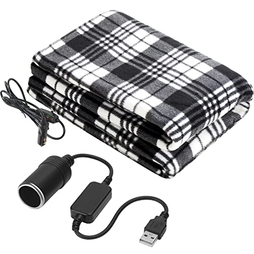 Electric Car Blanket 12V 58 x 43 Inches Travel Heated Fleece Blanket with Temperature Controller and USB Charger Car Outlet Adapter for Car, Truck Cold Weather Tailgating and Emergency Kit