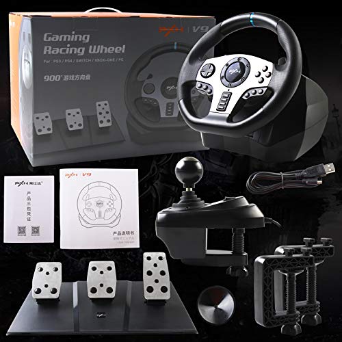 Game Racing Wheel, PXN V9 270°/900° Adjustable Racing Steering Wheel, with Clutch and Shifter, Support Vibration and Headset Function, Suitable for PC, PS3, PS4, Xbox One, Nintendo Switch.