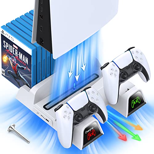 OIVO PS5 Stand with Suction Cooling Fan and Dual Controller Charger Station for Playstation 5 PS5 Console, Suction Cooler Fan with Charging Dock Station and 12 Games Storage- 2 IN1 Cable Included
