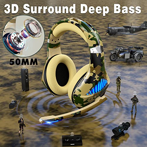 Gaming Headset for PS4 PS5 Xbox One Switch PC with Noise Cancelling Over-Ear Stereo Bass Surround Sound -Camo