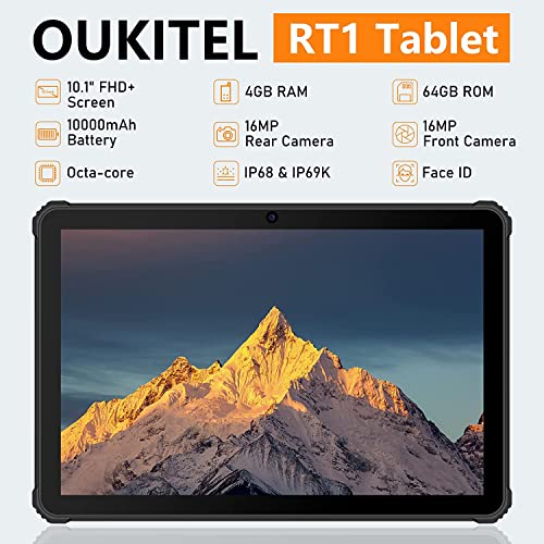 OUKITEL RT1 Android 11 Tablet,10.1 Inch Rugged Tablet with 10000mAh Large Battery, Octa-Core 4GB RAM 64GB ROM, Dual 4G SIM+5G WiFi,1920x1200 FHD+ Tablet, 16+16MP Camera,Sim Free Tablets, GPS/OTG/BT5.0