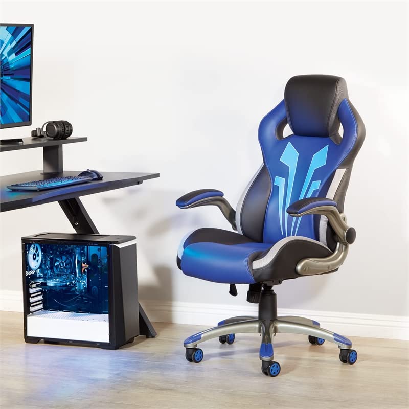 OSP Home Furnishings Ice Knight Ergonomic Adjustable High Back Faux Leather Gaming Chair with Integrated Lumbar Support and Padded Flip Arms, Blue Accents