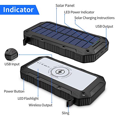 Solar Power Bank 26800mAh, Powdeom Solar Charger 4 Outputs USB 3.0 Quick Charge Qi Wireless Portable Charger Battery Pack with LED Flashlight for iPhone, Tablet, Samsung and Outdoor Camping