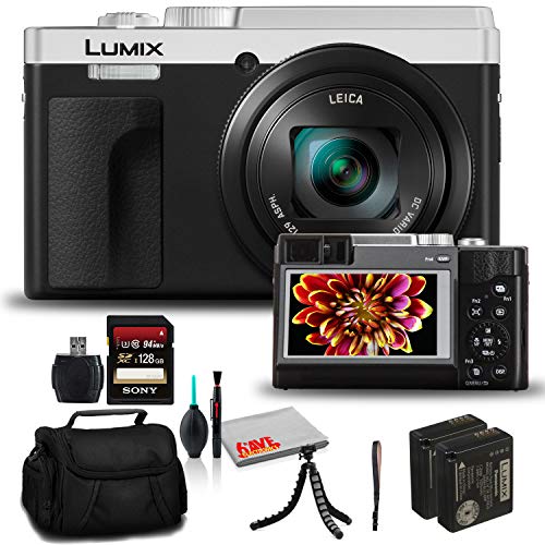 Panasonic Lumix DCZS80 Digital Camera (Silver) (DC-ZS80S) - Bundle - with 128GB Memory Card + DMW-BLE9 Battery + 12 Inch Flexible Tripod + Camera Bag + Cleaning Set + USB Card Reader