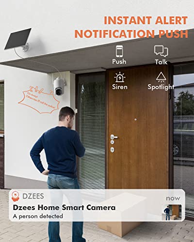 Solar Security Cameras Wireless Outdoor, Dzees 2.4GHz Battery Powered Security Camera, 360° PTZ Camera with Spotlight, Siren, Color Night Vision, AI Dectection, IP66 for Home Security