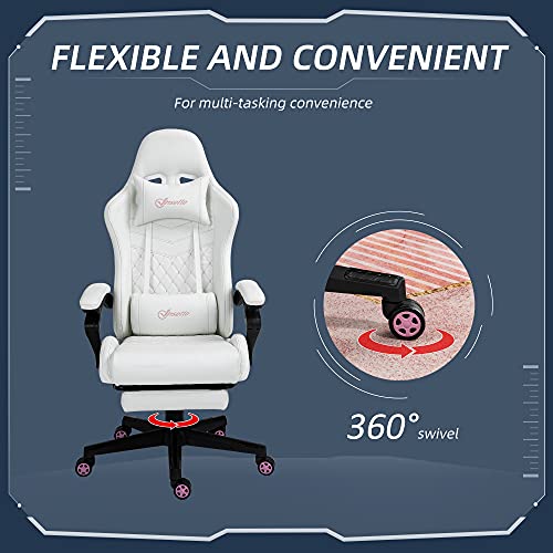 Vinsetto High Back PU Leather Gaming Chair, Racing Computer Chair with Swivel Wheels, Retractable Footrest, Headrest, Lumbar Support, and Armrest, White