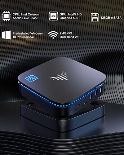 Mini PC Windows 10 Pro, 8GB RAM/128GB SSD Mini Desktop Computer Intel Celeron J3455 Processor, Quad Core Micro Computer 4K, Support mSATA, 2.5-inch SSD, 2.4G/ 5.0G WiFi, Gigabit Ethernet, HTPC