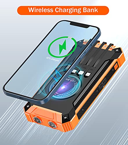 Solar Power Bank 36000mAh Built-in 4 Cables Qi Wireless Charger with Dual LED Flashlight Solar Portable External Battery IPX4 Waterproof 15W 5V/3A USB C Port Six Outputs Three Inputs(Orange)