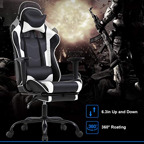 PC Gaming Chair Racing Office Chair Ergonomic Desk Chair Massage PU Leather Recliner Computer Chair with Lumbar Support Headrest Armrest Footrest Rolling Swivel Task Chair for Adults, White