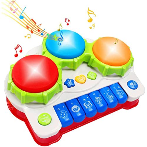 Baby Musical Keyboard Toy Piano for Toddlers 1-3, Drum Toy Set with Songs, Animal Sounds and Lights, Piano Xylophone for Kids Drums Montessori Learning Electronic Baby Instruments 12-18 Months