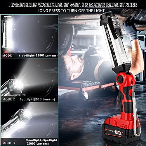 Cordless LED Work Light for Milwaukee 18v M18 Li-ion Battery, Hiesuan 35W 2000LM Outdoor Flashlight Portable Camping Lanterns with Hook, 90°Rotatable for Car Repairing, Job Site Lighting, Emergency