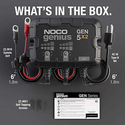 NOCO Genius GEN5X2, 2-Bank, 10-Amp (5-Amp Per Bank) Fully-Automatic Smart Marine Charger, 12V Onboard Battery Charger, Battery Maintainer and Battery Desulfator with Temperature Compensation