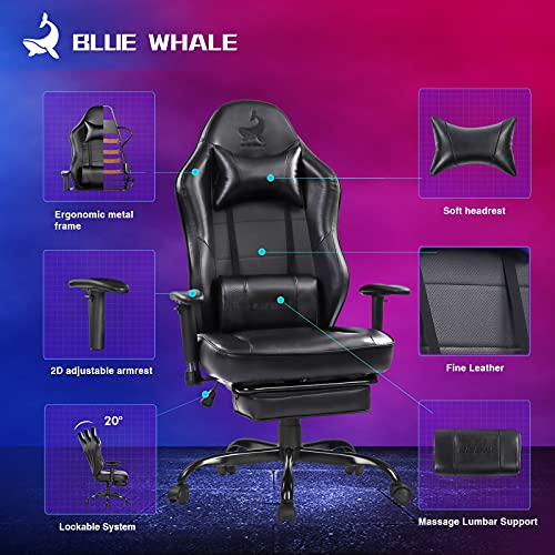 Blue Whale Massage Gaming Chair with Footrest, Racing PC Computer Office Chair Swivel Ergonomic Executive Leather Desk Chair and Adjustable Armrests