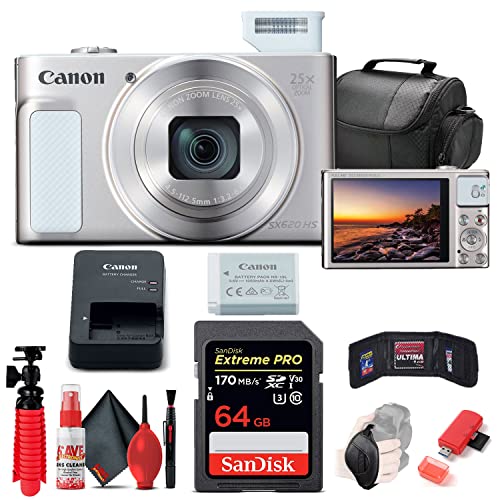 Canon PowerShot SX620 HS Digital Camera (White) (1074C001), 64GB Card, Card Reader, Deluxe Soft Bag, Flex Tripod, Hand Strap, Memory Card Holder, Cleaning Kit (International Model)