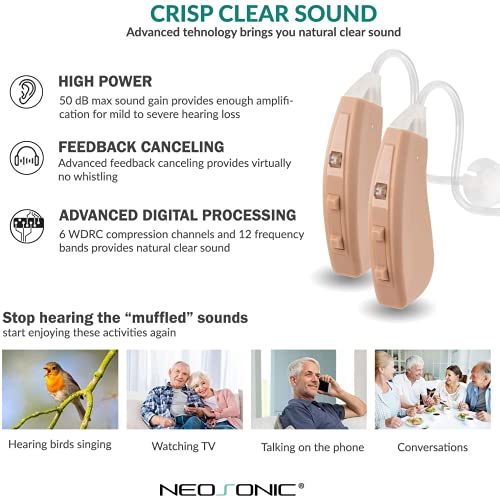 Hearing aids for The Elderly Neosonic Rechargeable Hearing Amplifier to Aid and Assist Hearing of Adults & Seniors with Portable Charging Case, 6 Compression Channels, B10