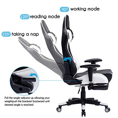 KCREAM Gaming Chair with Footrest Adults Gamer Chair High Back PU Leather Gaming Computer Chair Large Racing Game Chair, with Adjustable Armrests and Massage Lumbar Support (White)