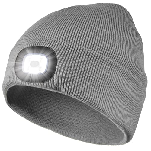 Bosttor LED Beanie Hat with Light, Rechargeable Headlamp Cap, Unisex Winter Warm Knitted Hats, Headlight Flashlight for Running Hiking Camping,Tech Gifts for Men Women Handyman Teens, Grey