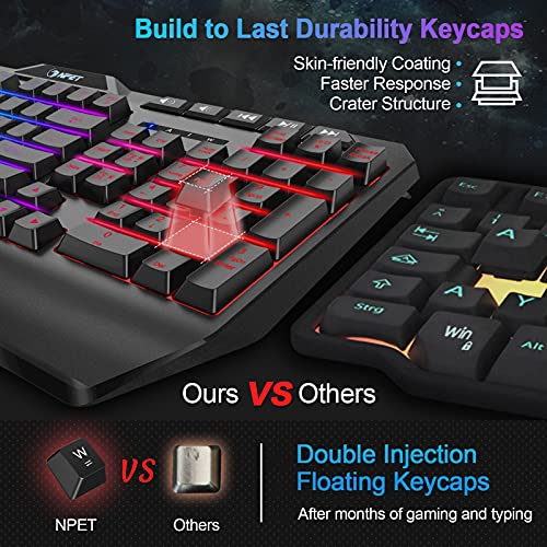 NPET K31 Gaming Keyboard, Wired LED Backlit Computer Keyboard with 10 Dedicated Multimedia Keys, USB Ergonomic Wrist Rest Mechanical Feeling Keyboard for Windows/Desktop/Computer/PC