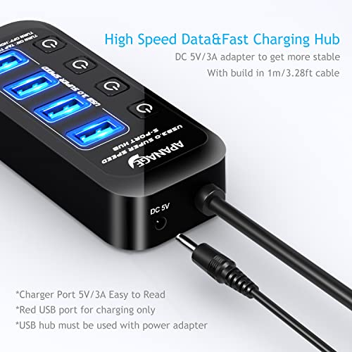 Apanage Powered USB 3.0 Hub, 5 Port USB 3.0 Hub Splitter with 4 USB 3.0 Data Ports and 1 Smart Charging Port with Individual On/Off and 5V/3A Power Adapter USB Extension for MacBook, Mac Pro