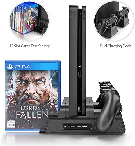 Vertical Stand for PS4/PS4 Slim/PS4 Pro - Cooling Fan with PS4 Charger Controller Charging Station with Game Storage (Black)