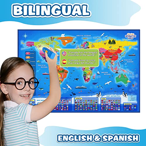 Bilingual Interactive World Map for Kids Learning and Educational Toys , Talking Kids Map Toy Electronic Map Poster for Kids of Ages 4 to 12 Years Old, Custom Talking Birthday & Christmas Gifts Card