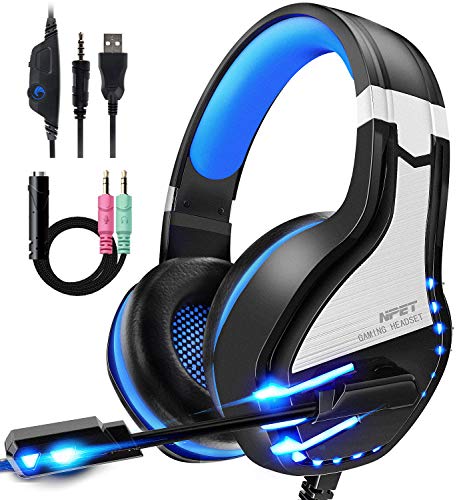 NPET HS10 Stereo Gaming Headset for PS4 PC Xbox One PS5 Controller, Noise Cancelling Over Ear Headphones with Mic,LED Light, Bass Surround, Soft Memory Earmuffs for Laptop Mac Nintendo NES Games